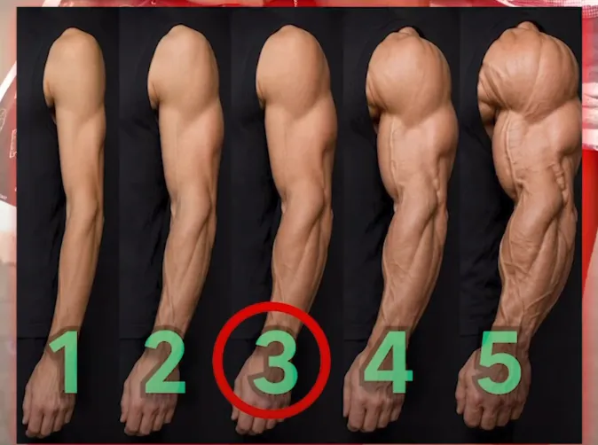 Five arms side by side, numbered 1 through 5 from skinniest to most muscular, with 3 circled
